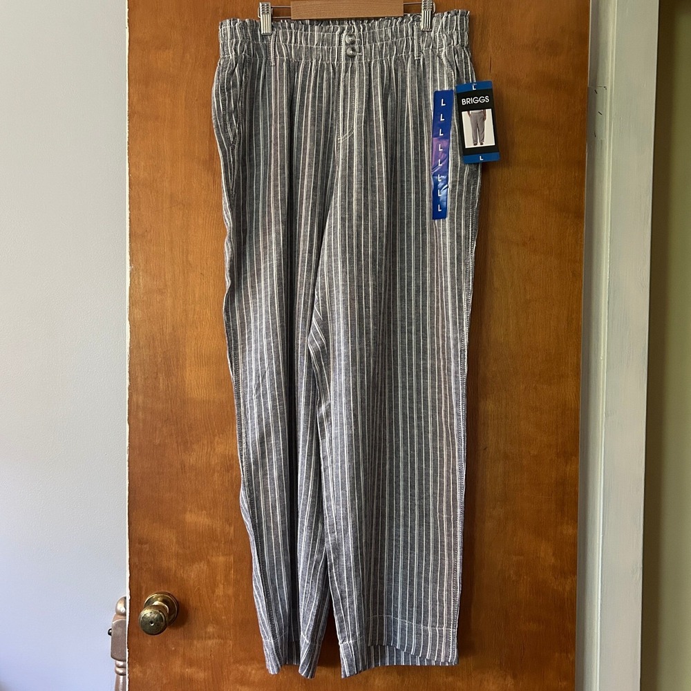 Briggs Blue White Striped Linen Blend Pull On Stretch Pants L NWT Coastal Beachy